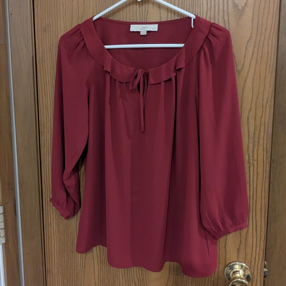 Loft Tie Front Ruffle Neck Long Sleeve Blouse Wine-SP